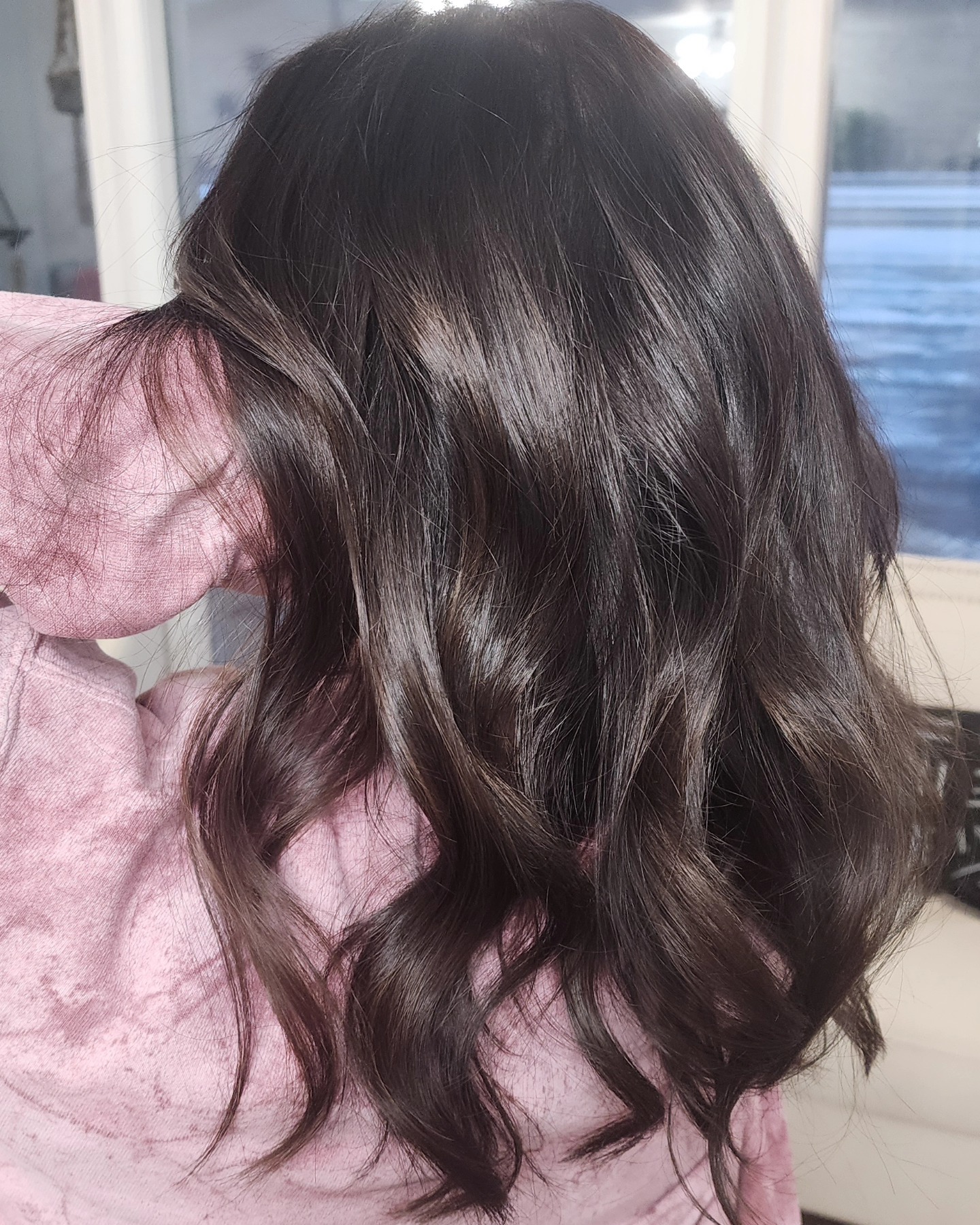 Rich dark brunette with glossy curled ends
